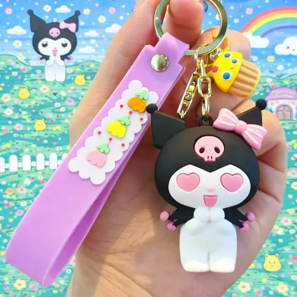 Porte-clé Kuromi kawaii love avec dragonne violette décorée