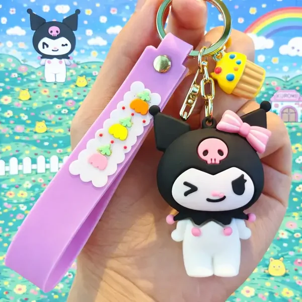 Porte-clé Kuromi kawaii clin d’œil avec dragonne violette décorée