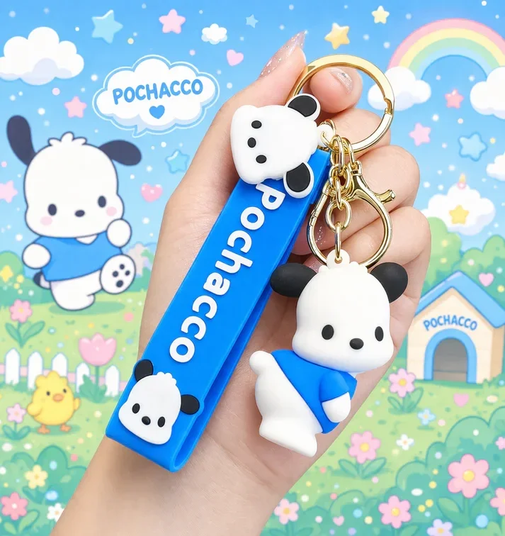 Porte-clé Pochacco kawaii bleu avec dragonne assortie