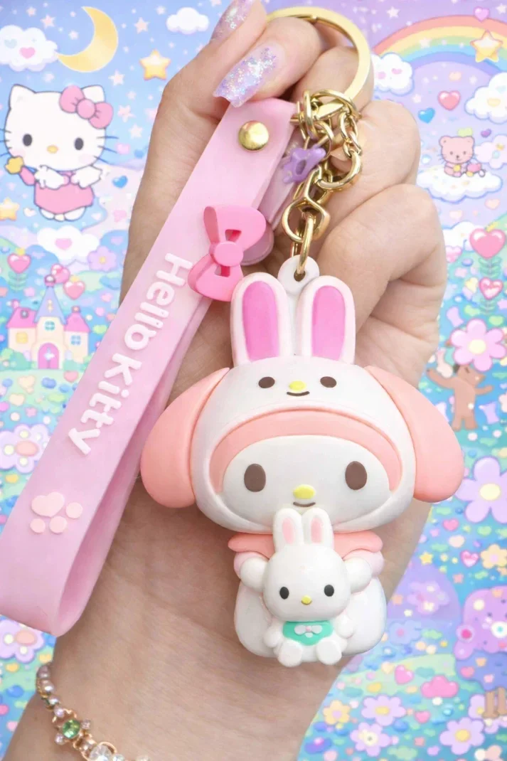 Porte-clé Cinnamon rose kawaii avec dragonne unie