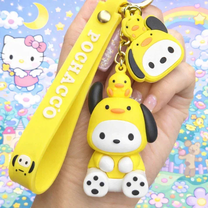Porte-clé Pochacco kawaii jaune avec dragonne assortie