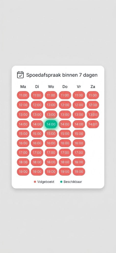 Weekagenda met vrijgekomen plek om 14:00, illustratie bij spoedafspraak binnen zeven dagen bij Hypnosepraktijk Gelderland