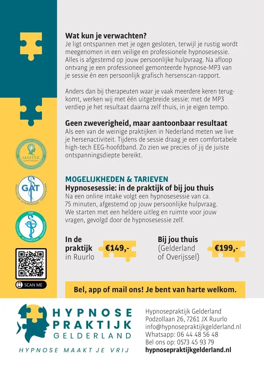 Achterkant flyer Hypnosepraktijk Gelderland met tarieven en contactgegevens