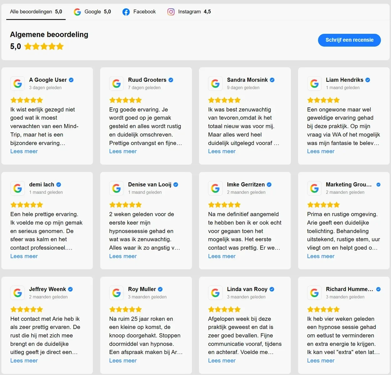 Overzicht van 5-sterren Google-reviews van cliënten bij Hypnosepraktijk Gelderland in Ruurlo
