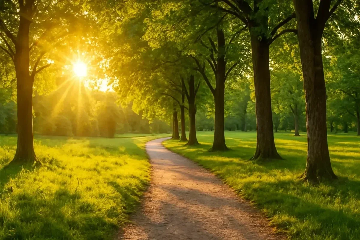 Zonnig bospad met groene bomen in de Achterhoek - Rustgevende omgeving van de hypnotherapie praktijk in Ruurlo