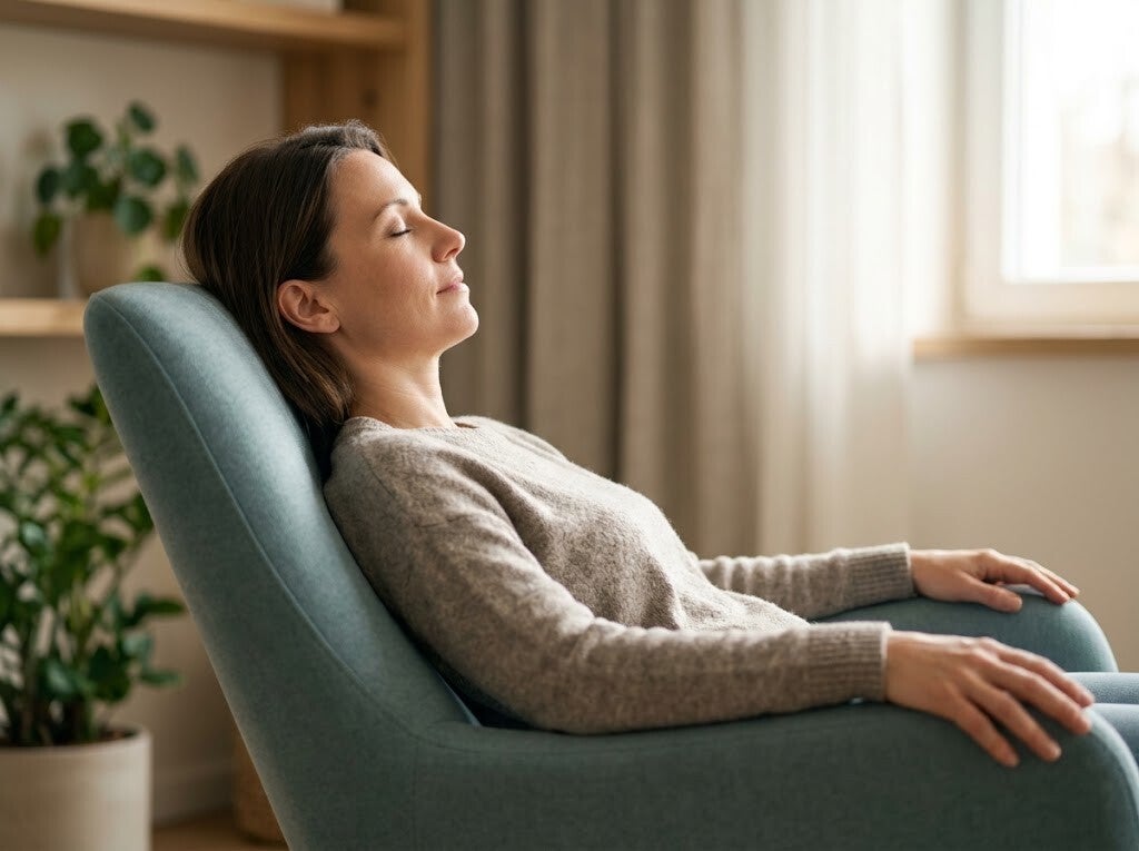 Ontspannen vrouw met gesloten ogen in haar eigen stoel tijdens een hypnosesessie bij haar thuis