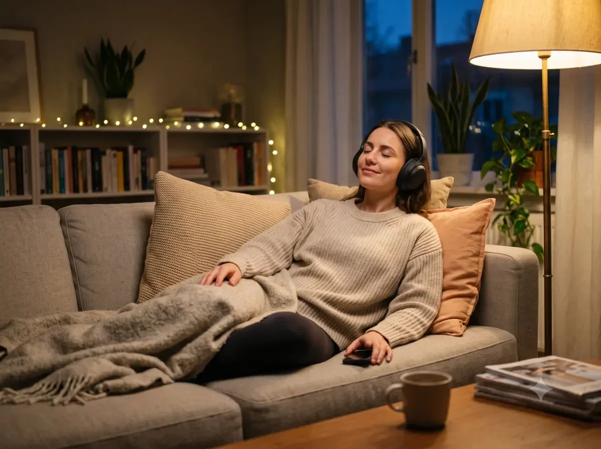 Persoon luistert ontspannen naar persoonlijke hypnose MP3 thuis