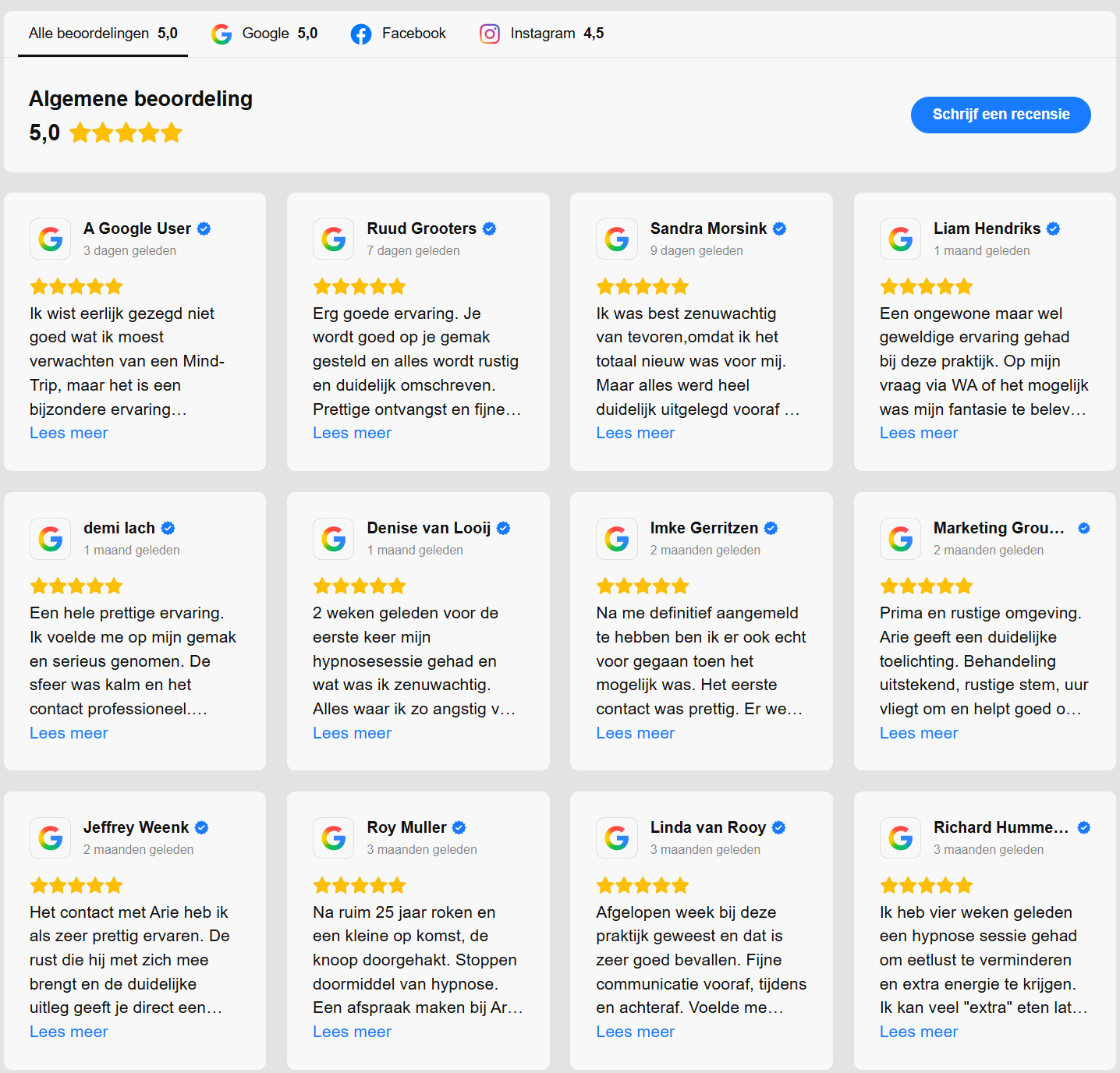 Overzicht van 5-sterren Google reviews en ervaringen van cliënten bij Hypnose Praktijk Gelderland in Ruurlo