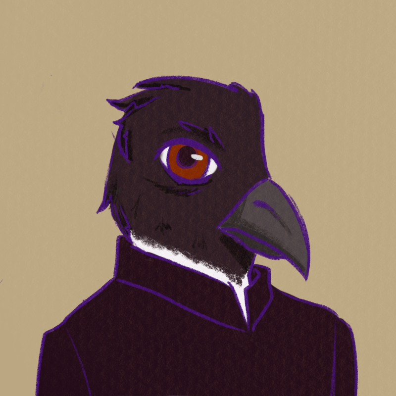A humanoid bird with reddish brown eyes and an all black head with a white neck