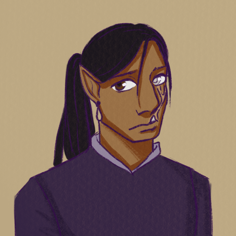 A man with long black hair in a ponytail, tan skin, and a large scar on the left side of his face. One eye is damaged and grey the other is a dark brown