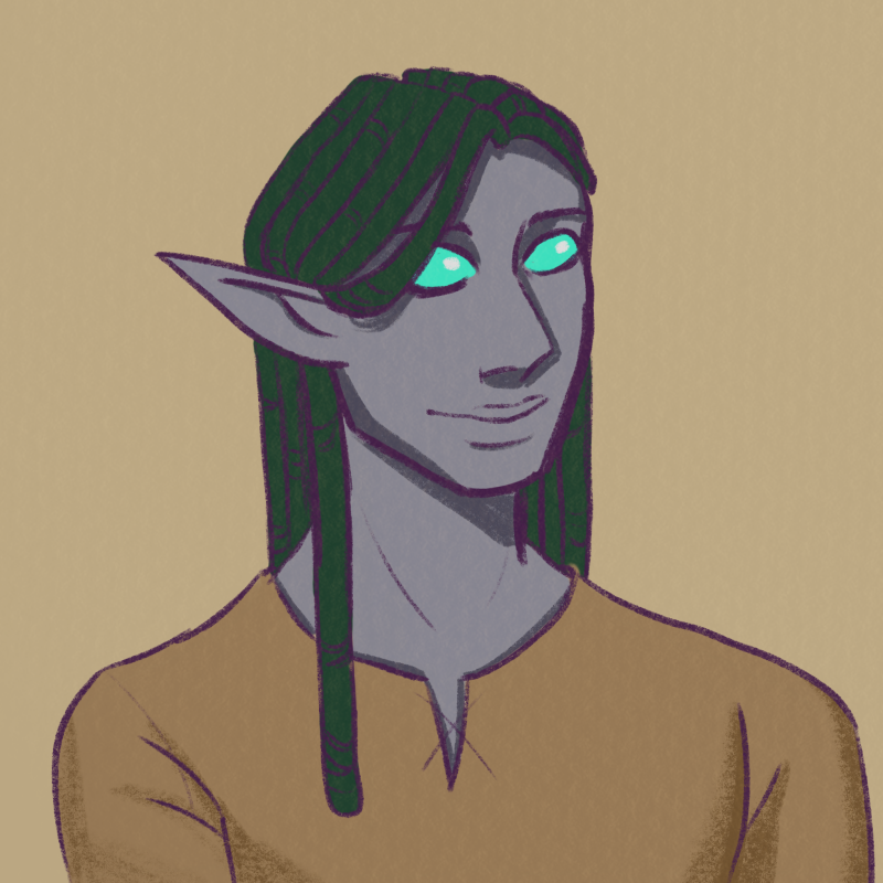 A man with long green dreads, pointed ears, grey skin, and teal eyes