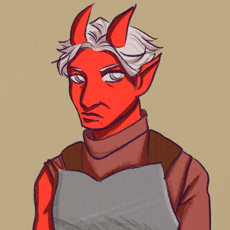 A woman with bright red skin, pointed horns, and white hair and eyes