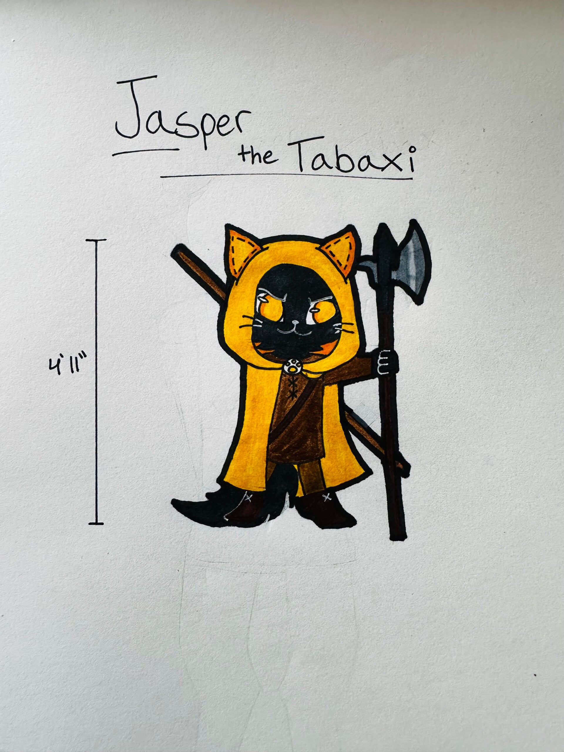 A fully body drawing of Jasper weilding his halberd with a line measuring his height to be 4'11''