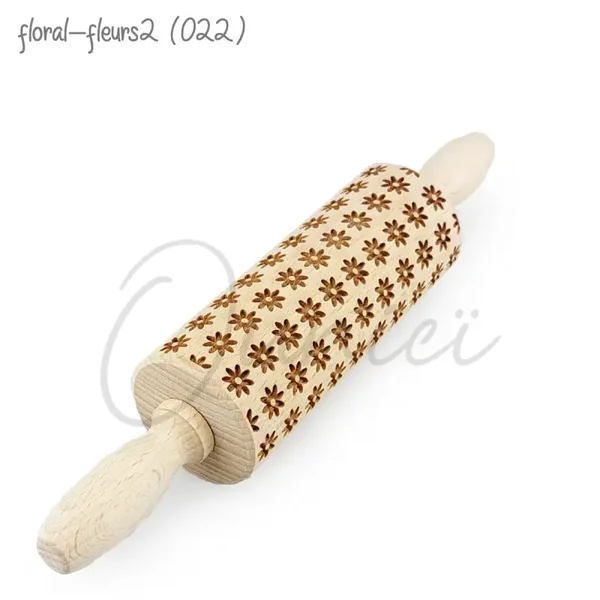 Rouleau en bois gravé à pâtisserie, poterie et céramique - motif floral / fleurs 2 (022)