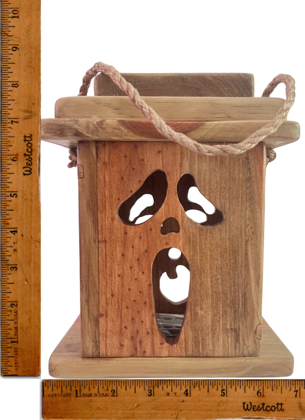 People of the Woods Handmade Wooden Halloween Lantern with Spooky Face Design Remote Control LED Light Included for Porches Mantels & Tables