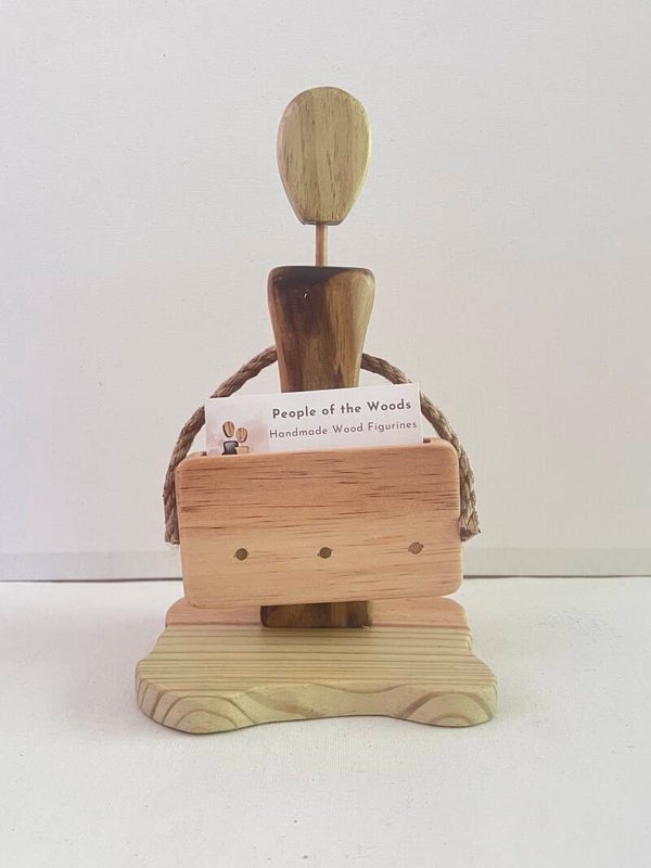 People of the Woods Handmade Wood Figurine Business Card Holder with Rustic Rope Accents & Solid Base for Home Office or Craft Fair