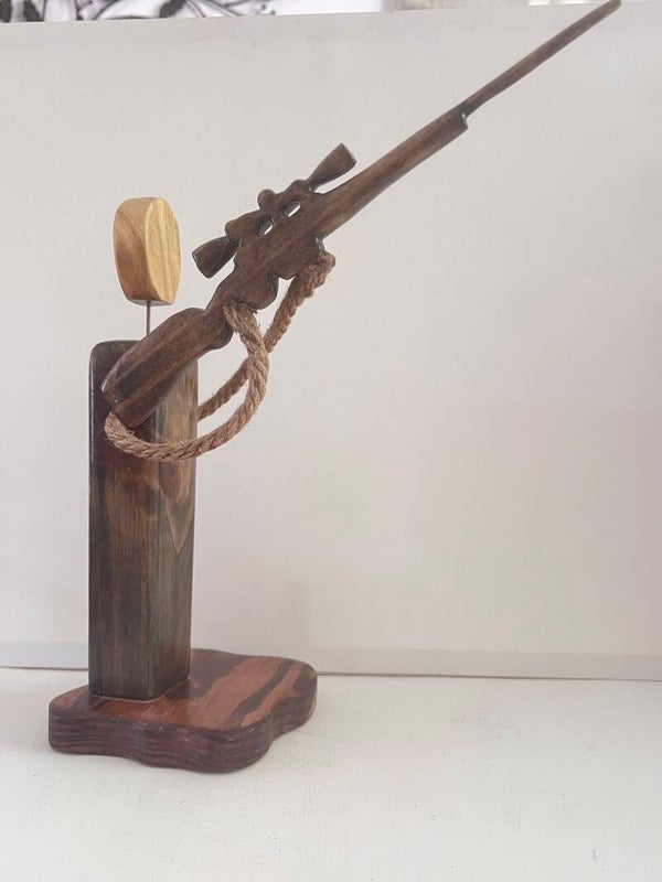 Hunter with Rifle Handmade Wood Figurine Rustic Style Natural Wooden Sculpture Decor Artisanal Craftsmanship Stained Polyacrylic Coat