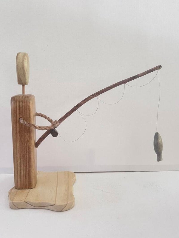 Fisherman Hand Carved Wood Figurine - Rustic 14x12x7 Inch  Oak Stain Finish Decor for Fishing Enthusiasts