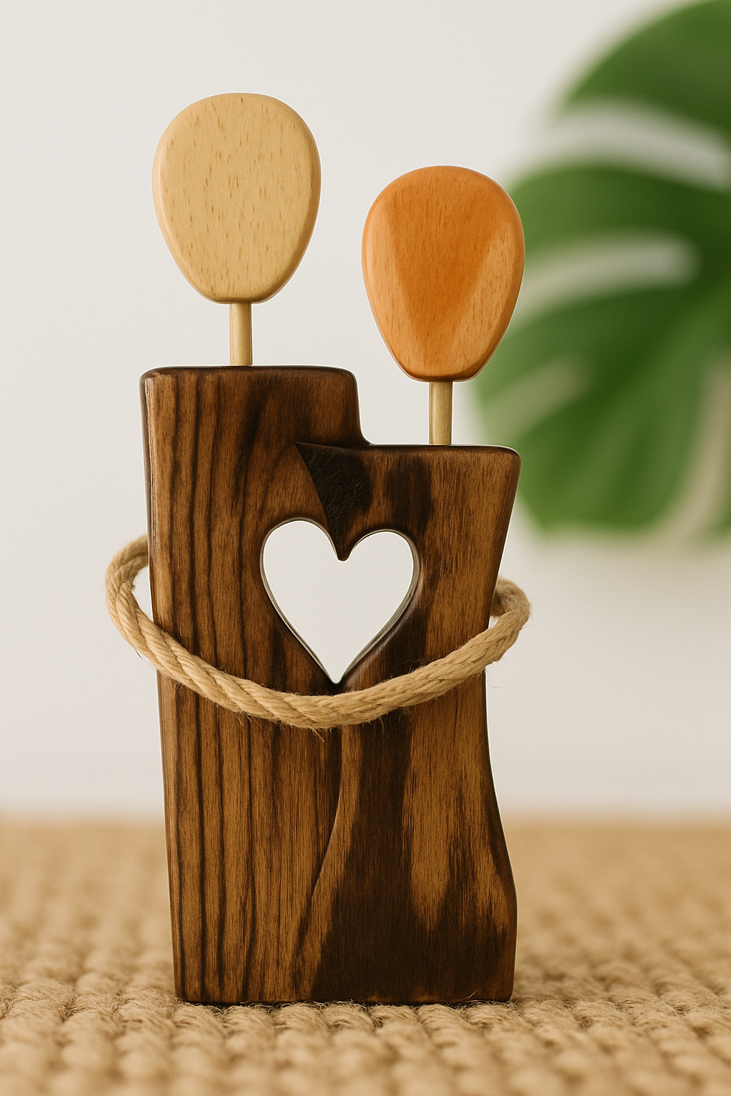 Wooden Unity Couple Figurine Handcrafted Heart Sculpture with Natural Wood Finish and Twine Detail