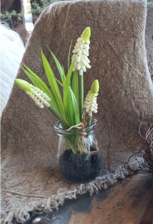 Witte druifjes in glazen potje | Kunstplantje 17cm