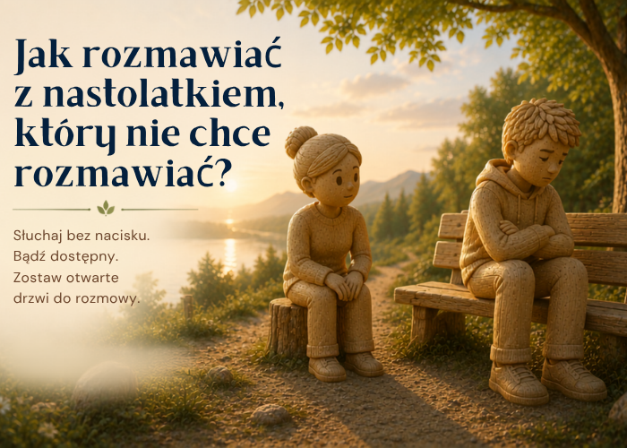 Drewniany rodzic siedzący w spokojnej odległości od milczącego nastolatka na leśnej ścieżce, symbolizujący rozmowę bez nacisku.