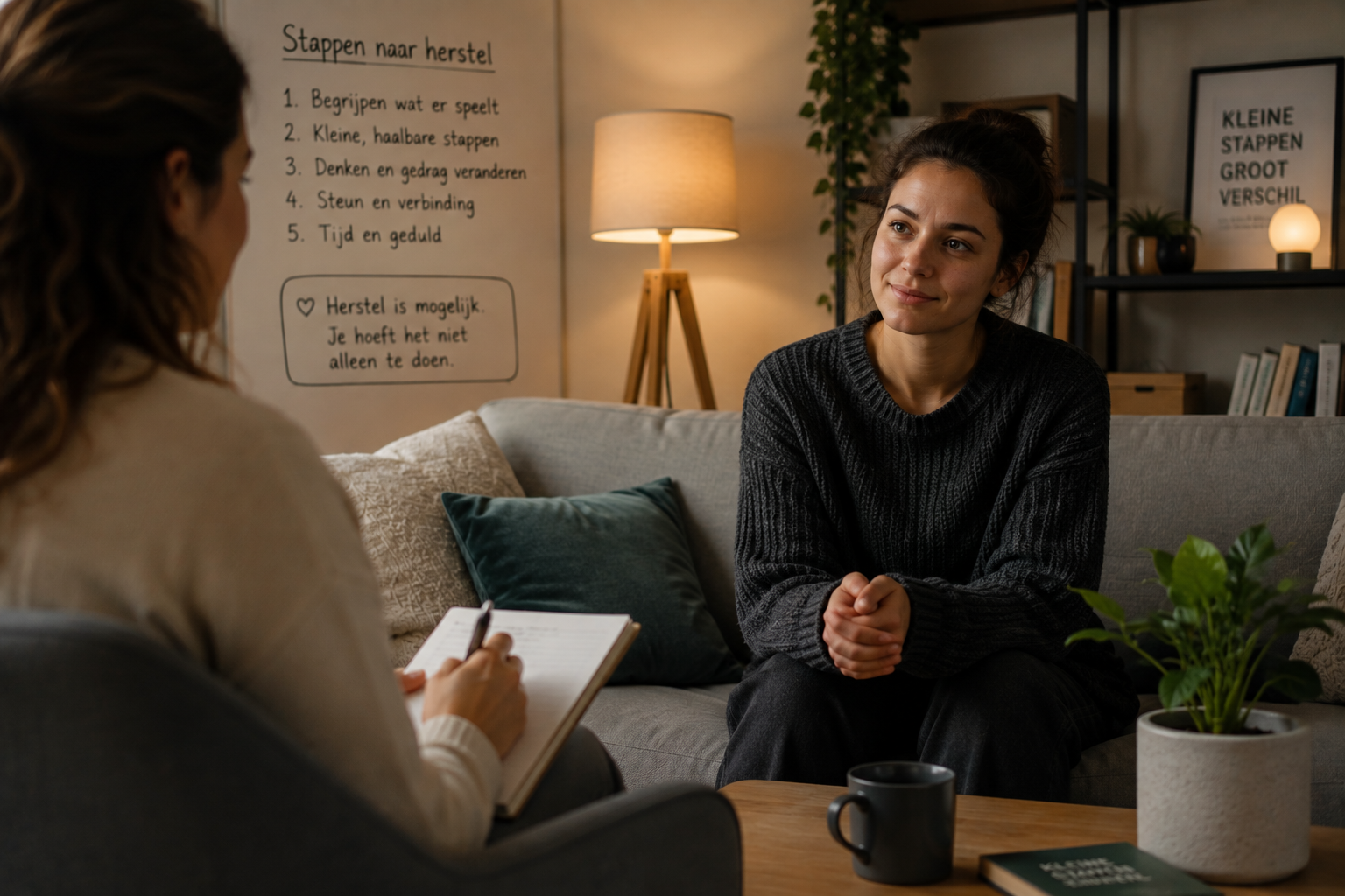 Therapiesessie voor behandeling van depressie met psycholoog en cliënt