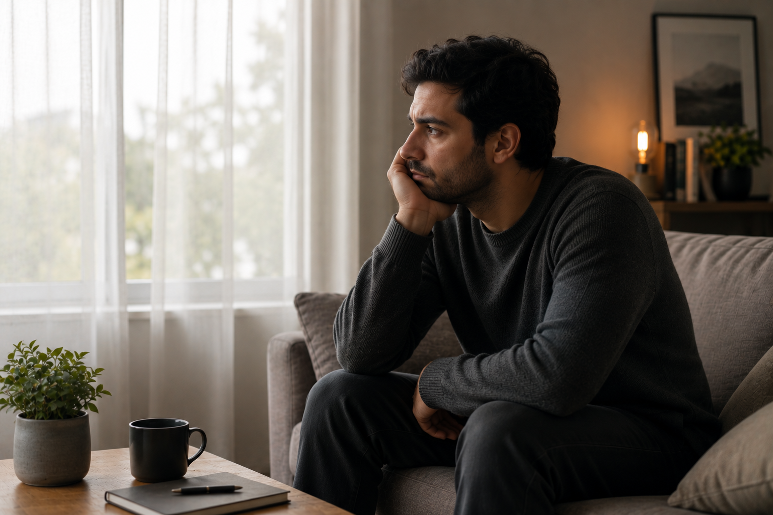 Man die somber voor zich uit kijkt zonder duidelijke aanleiding