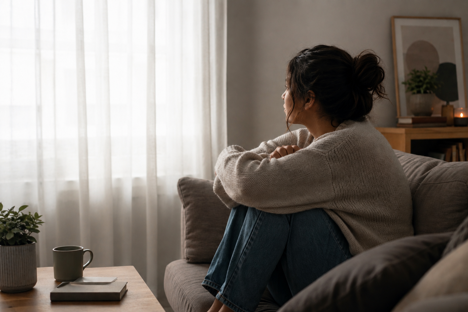 Vrouw met depressieve klachten die stil voor zich uit kijkt