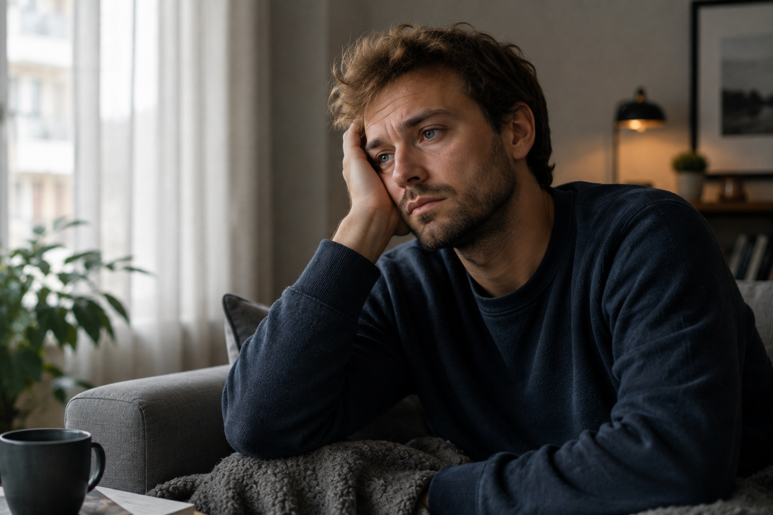 Man met sombere en negatieve gedachten die vermoeid voor zich uit kijkt