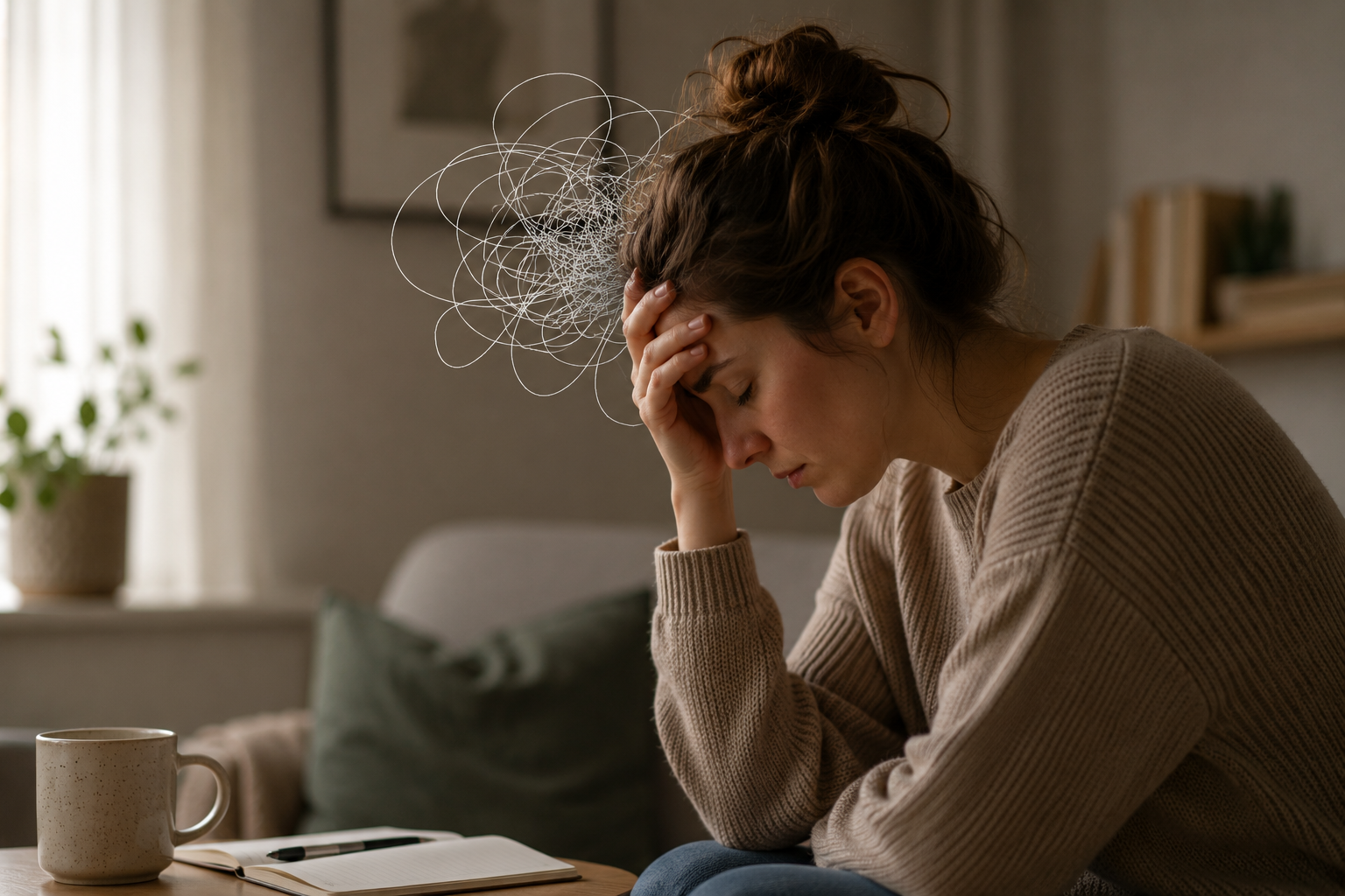 Vrouw met een druk hoofd en terugkerende gedachten