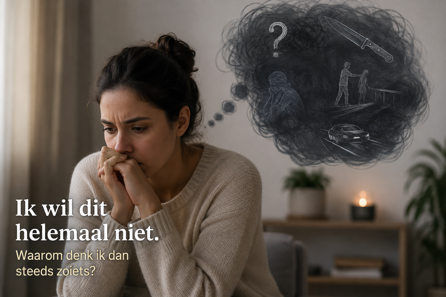 Vrouw met angstige intrusieve gedachten passend bij harm-OCD