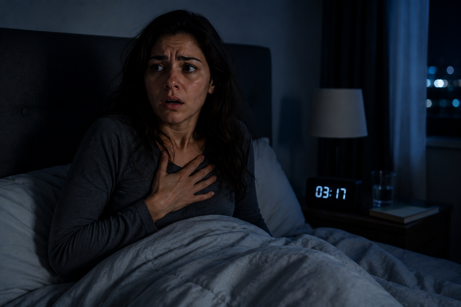 Vrouw die ’s nachts wakker schrikt met paniek en haar hand op de borst houdt