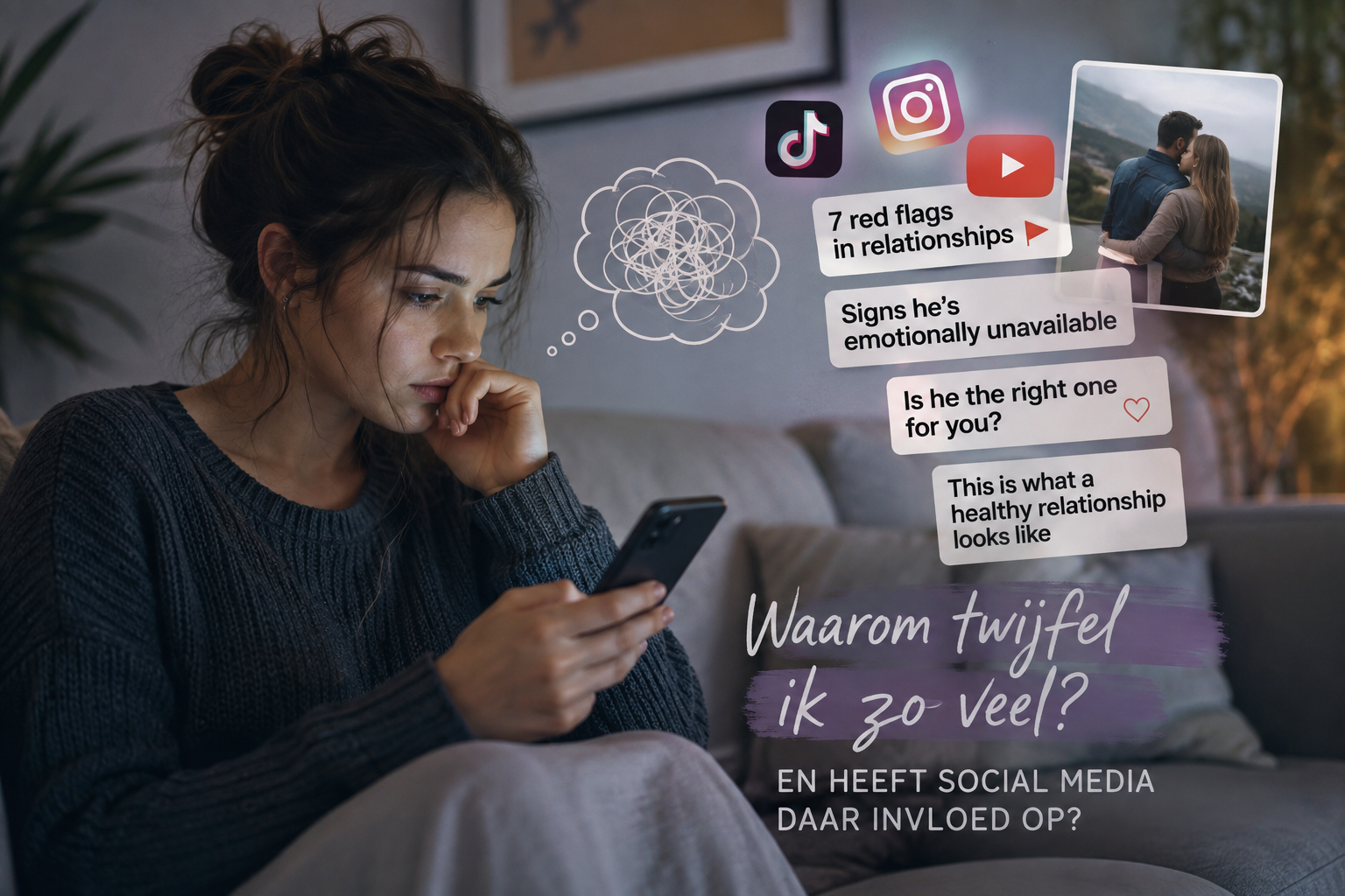 Persoon die op social media relatiecontent bekijkt en gaat twijfelen over de eigen relatie