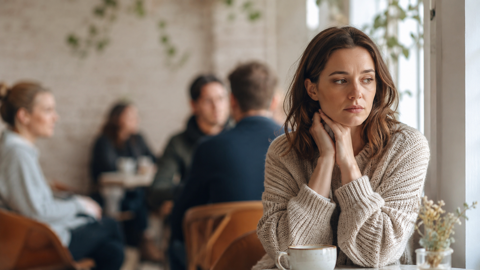 Vrouw in een sociale setting die onzeker is over wat anderen van haar vinden
