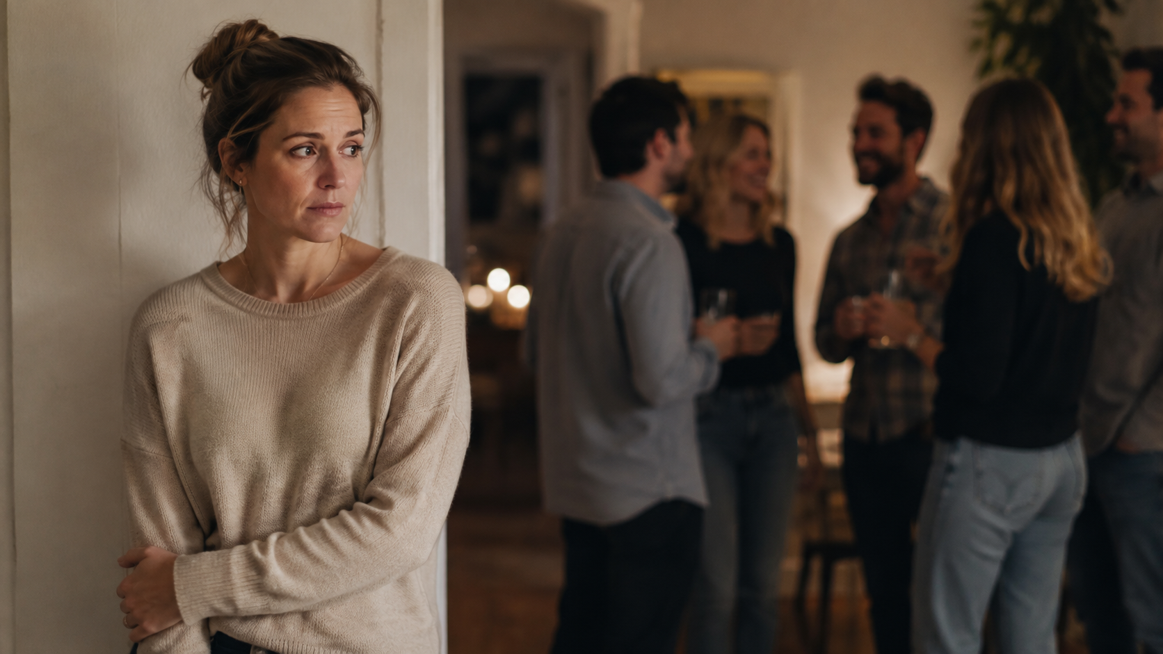 Vrouw die zich afgewezen en buitengesloten voelt tijdens een sociale bijeenkomst