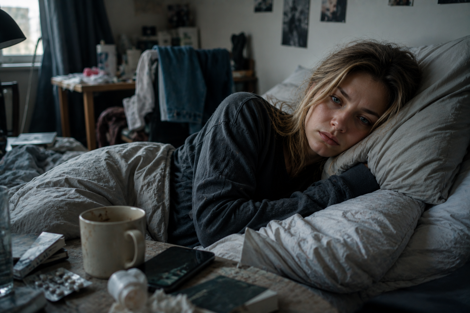Lusteloze vrouw in bed in een rommelige slaapkamer bij depressieve klachten en slaapproblemen