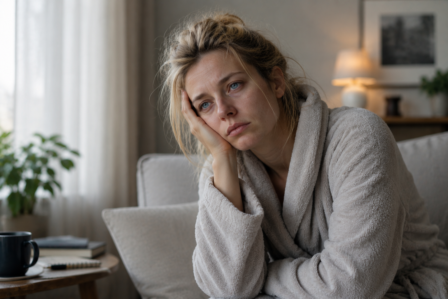 Vermoeide vrouw die lusteloos op de bank zit