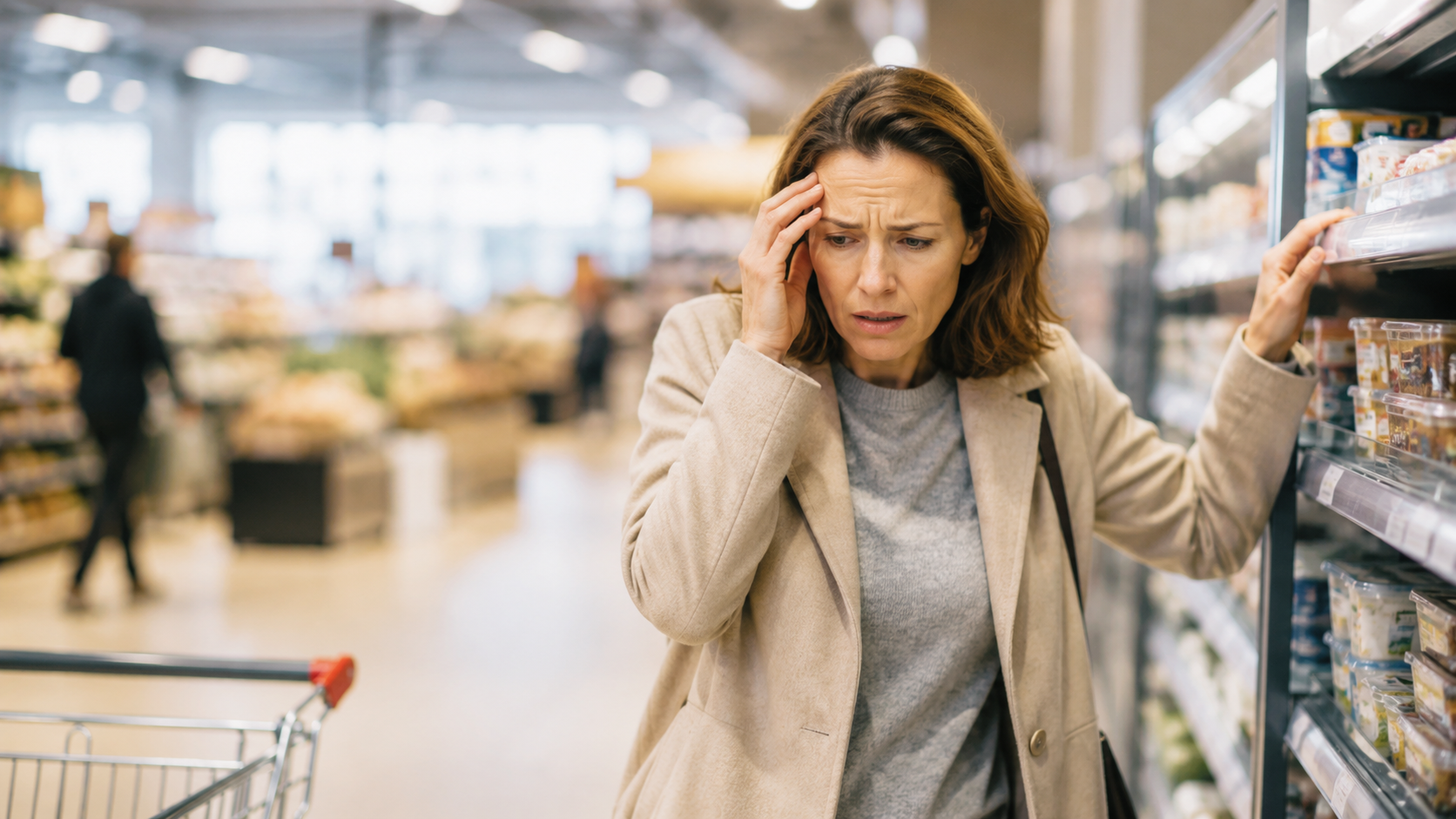 Vrouw in een supermarkt met plotselinge paniekklachten zonder duidelijke aanleiding