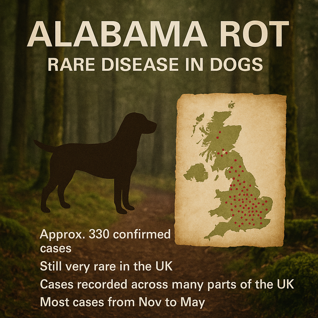 Pinned map of Alabama Rot cases, as seen on TV. Cases are still rare in UK 