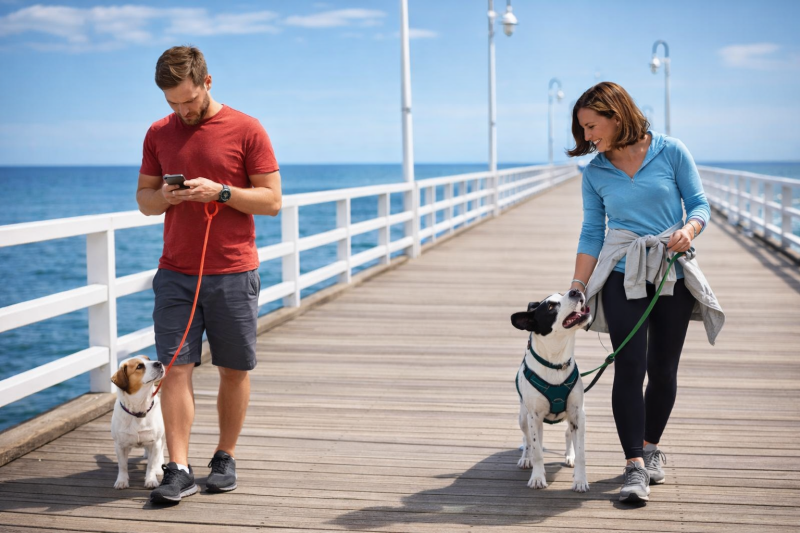 one enaged dog and owner  walking along a pier, passing a man texting and walking his dog who is trying together his attention.