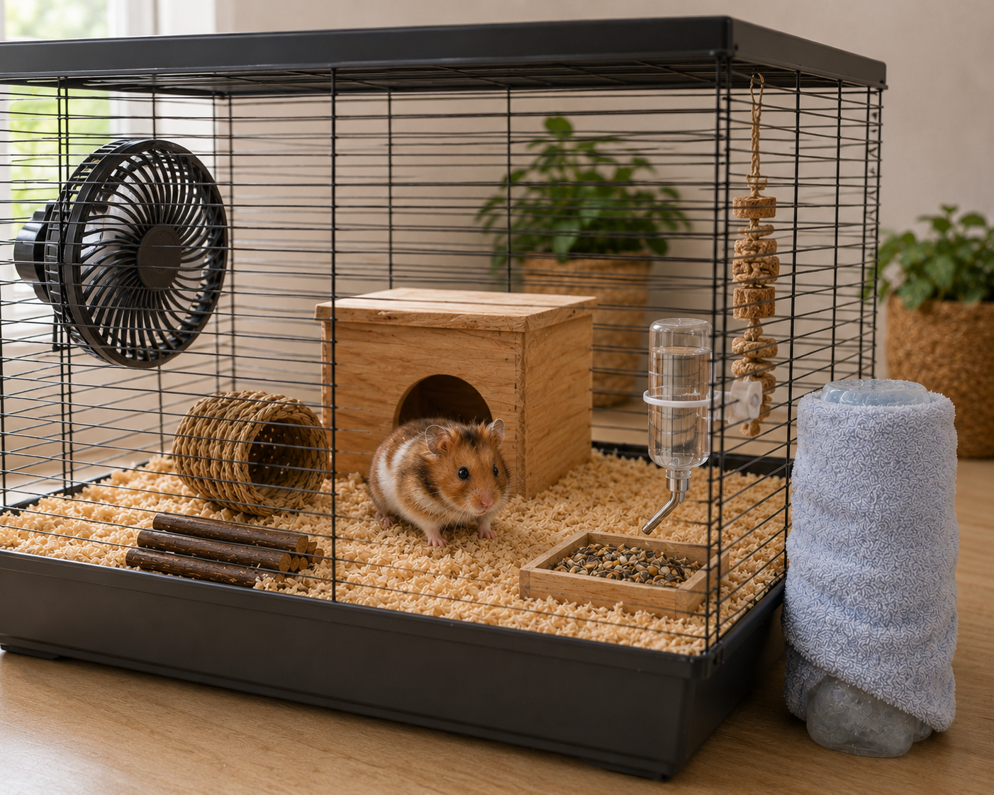 Hamster in a cage with a fan and water dispenser. Cage placed away from window, and an iced water bottle wrapped in a towel, placed just outside cage, ready to be put inside.