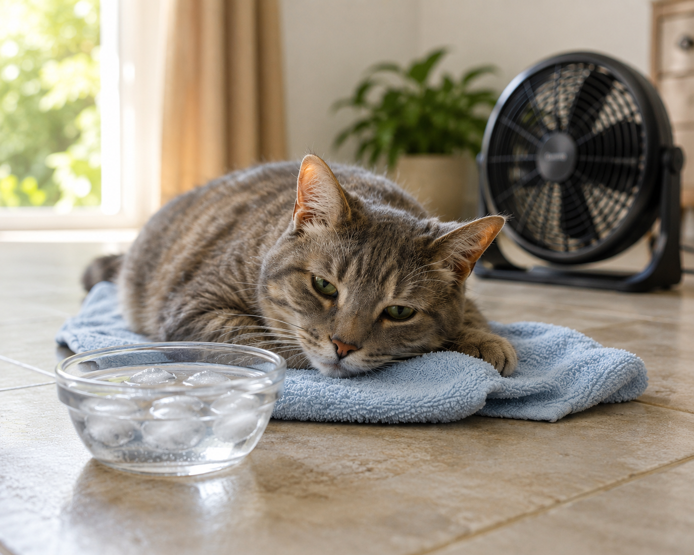 Striped cat lay on a cool towel, with a fan in the background and a bowl of water with ice in the foreground. Away from window.