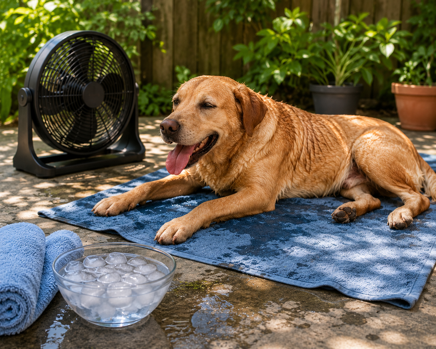 Overheated yellow labrador with wet fur, lay in the shade, on a wet towel, with a fan in the background and a bowl with ice and water in the foreground.