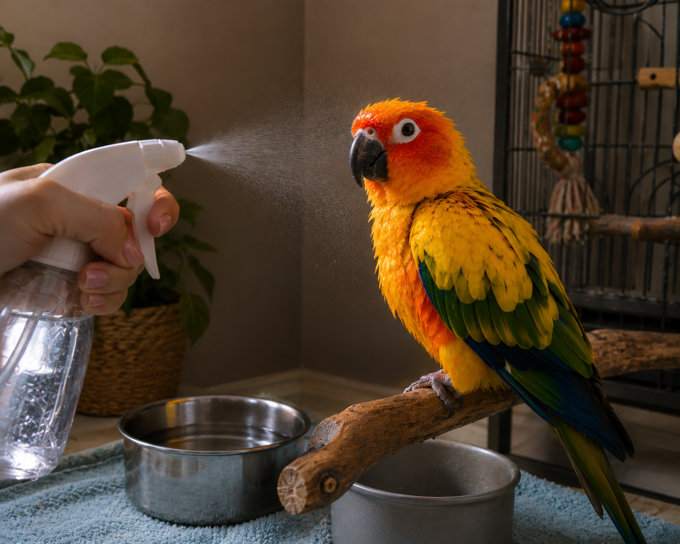 A brightly coloured parrot being misted by it's human, looking refreshed. With fresh water available. Positioned away from window.
