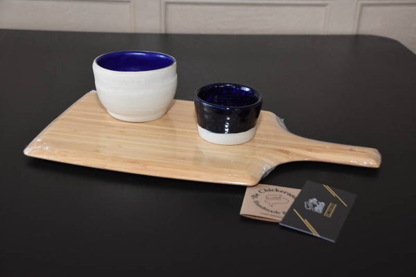 Tapasplank met keramische potjes blauw