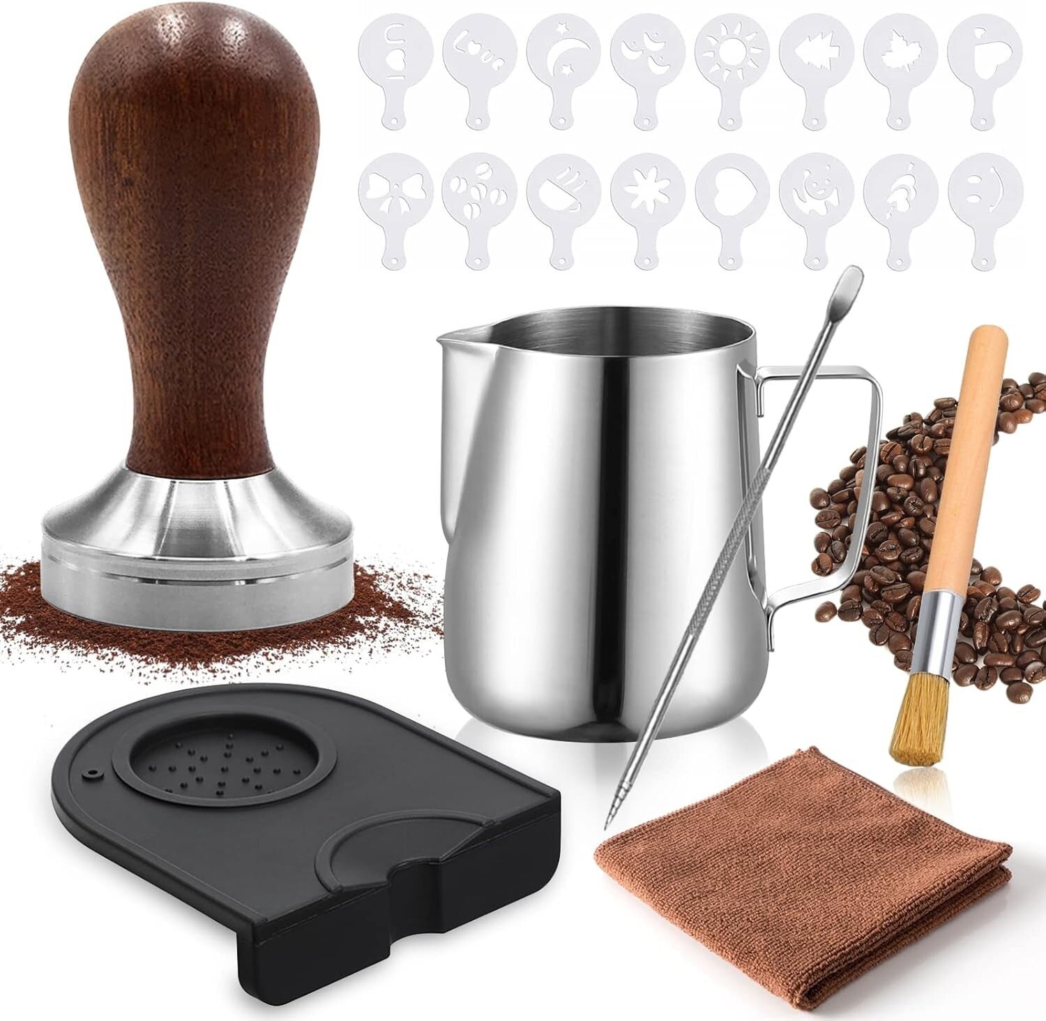 IGUGI Coffee Tamper 51 mm, Stainless Steel Tamper with Mat, Milk Jug (350 ml), Tea Towels, for Espresso Milk Pen, Decorative Stencils, Coffee Press
