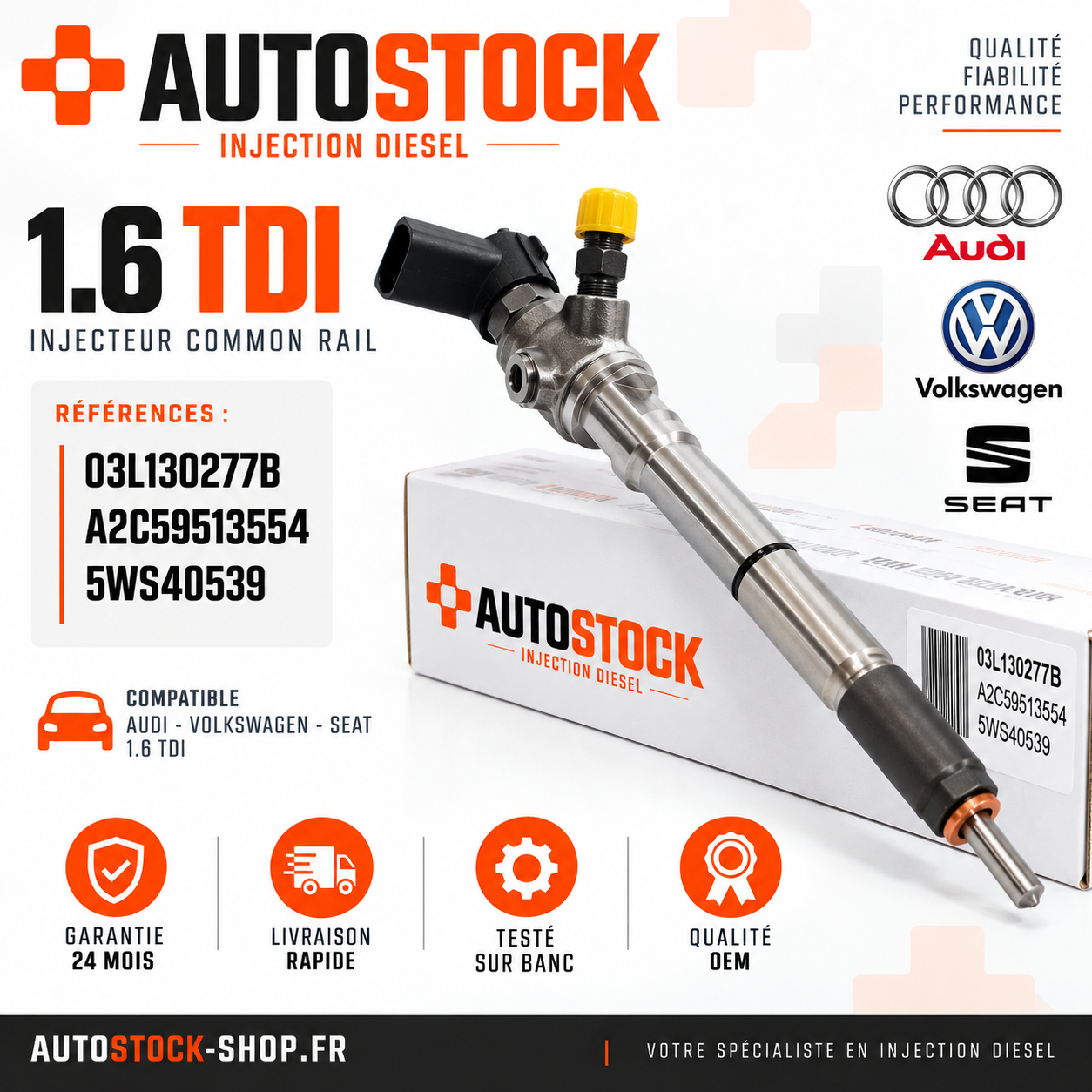 Injecteur 1.6 TDI Siemens VDO 03L130277B Reconditionné – Garantie 12 mois