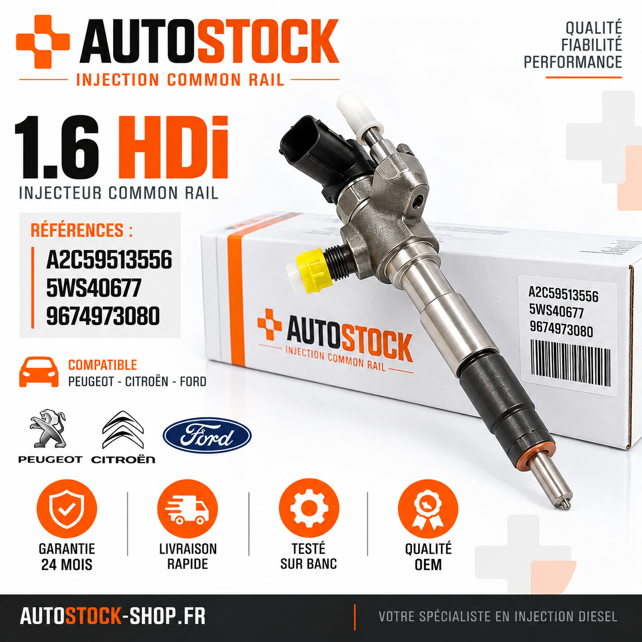 Injecteur 1.6 HDi / 1.6 TDCi VDO A2C59513556 5WS40677 Reconditionné Garantie 12 mo