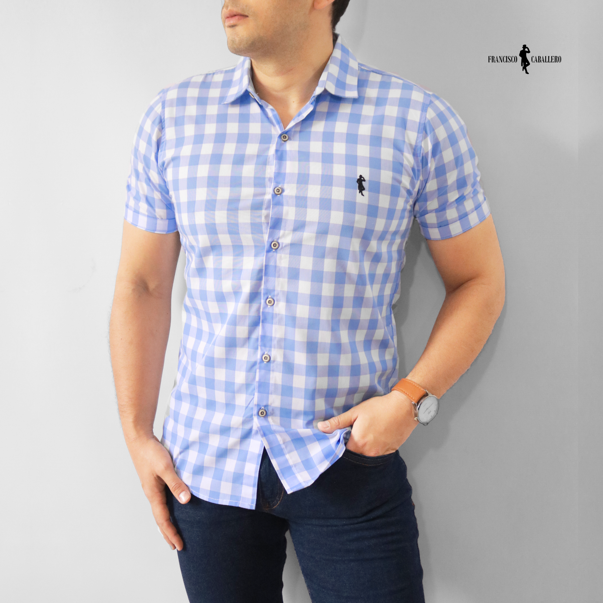 CAMISA DE CUADROS AZUL CIELO MANGA CORTA