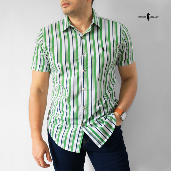 CAMISA DE RAYAS VERDE CON AZUL MANGA CORTA